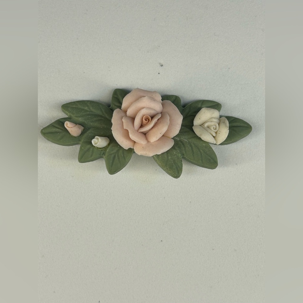 014. Porcelain Floral Rose Pin - Pink and Cream with Green Leaves